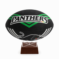 A black rugby ball with green and white 'PANTHERS' lettering and a panther logo, displayed on a clear acrylic stand with a dark wood base against a white background.