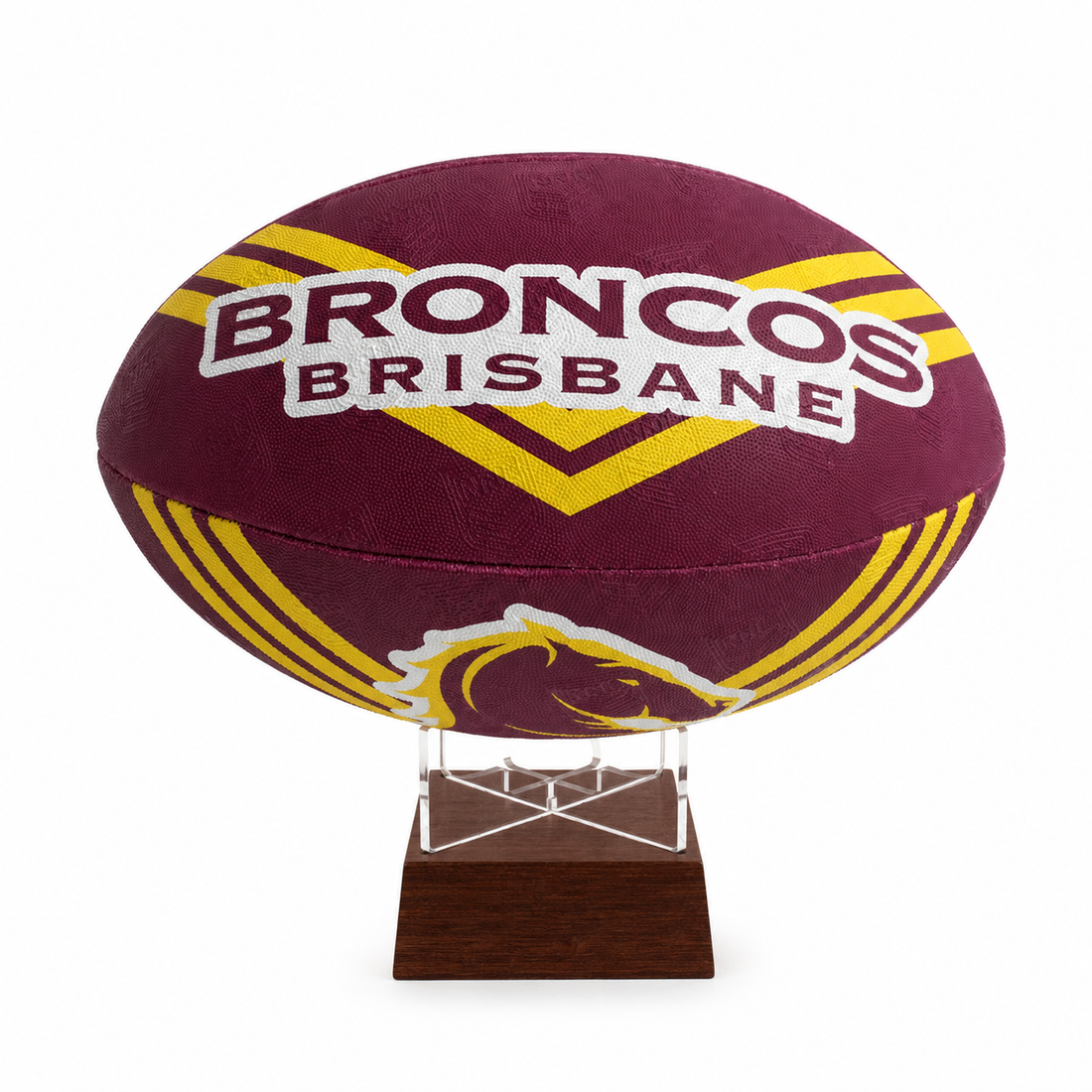 A maroon and gold Brisbane Broncos rugby ball mounted on a clear acrylic display stand with a dark wooden base, shown against a plain white background.
