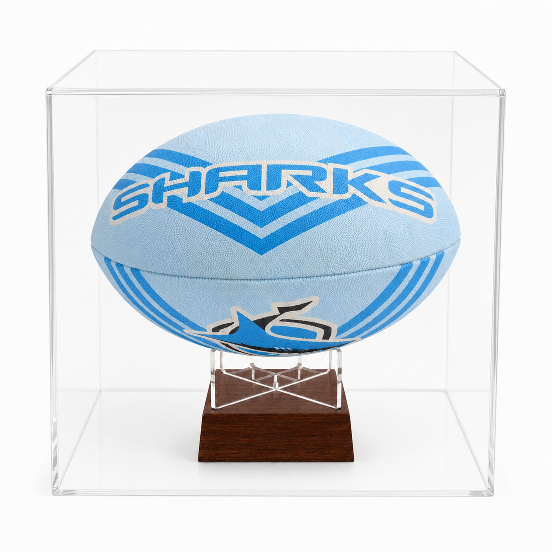 A light blue and blue Sharks rugby ball displayed inside a clear acrylic cube case on a dark wood stand.
