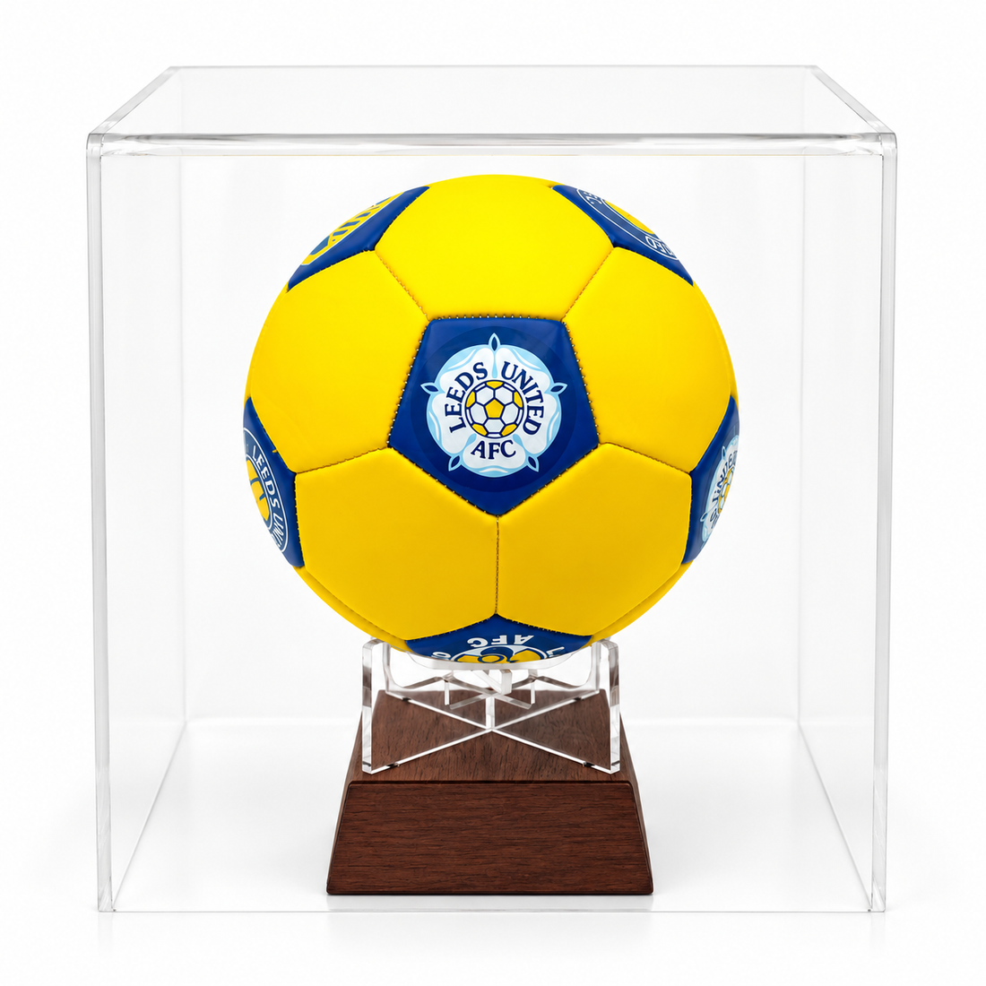 Leeds United FC football urn yellow with blue and white logo on wooden stand in perspex display case