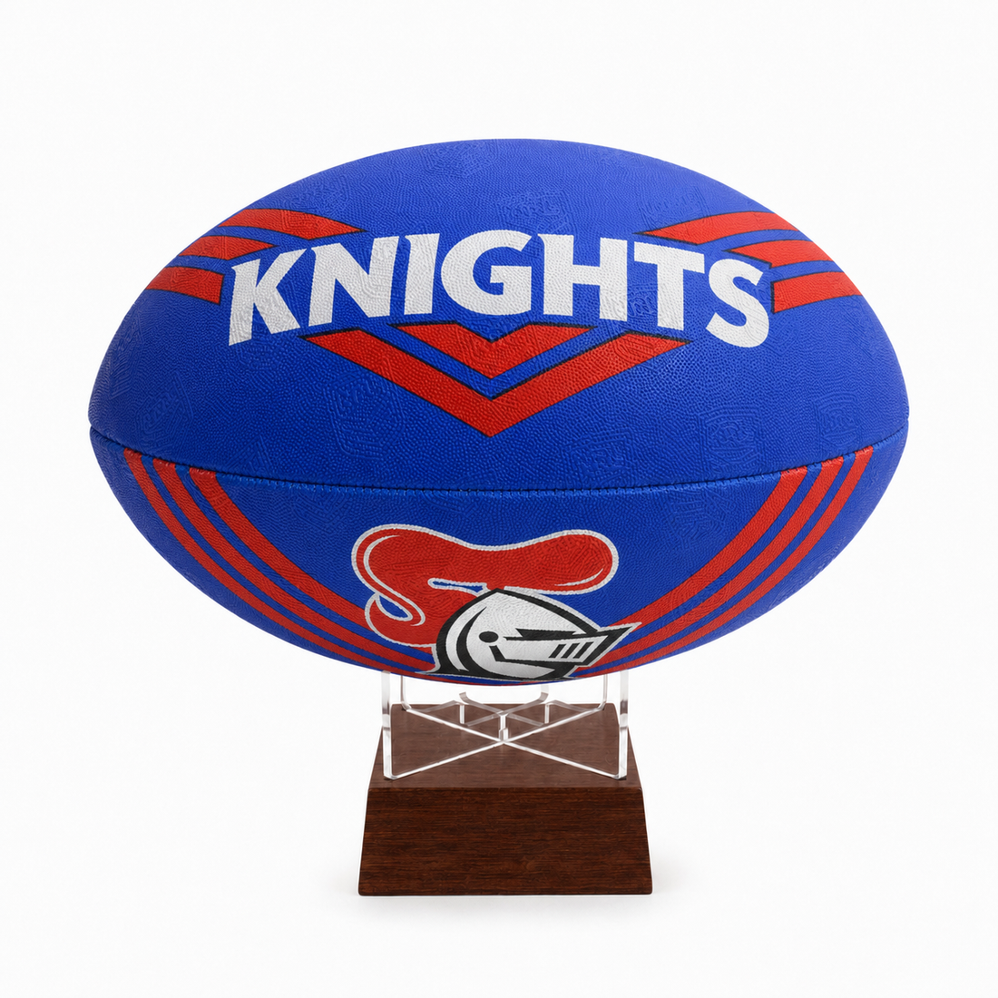 A blue rugby ball with red and white graphics, featuring the word &