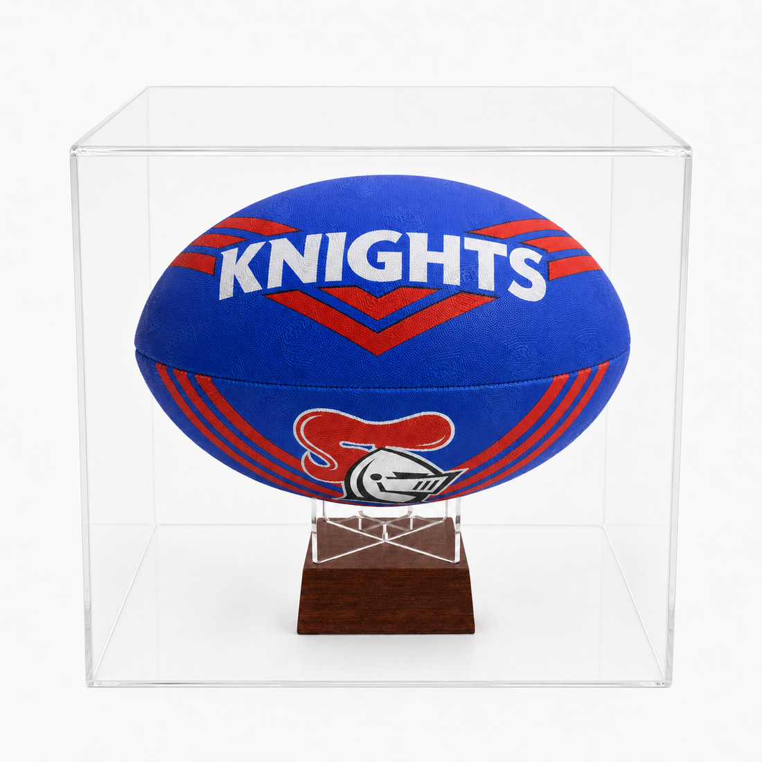 A blue and red rugby ball with &