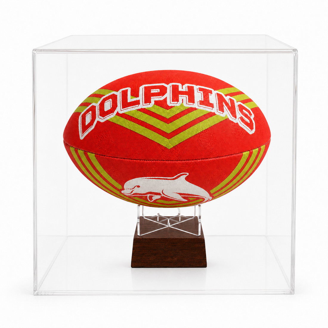 A red and yellow Dolphins rugby ball mounted on a clear acrylic display case with a dark wood base, shown against a white background.